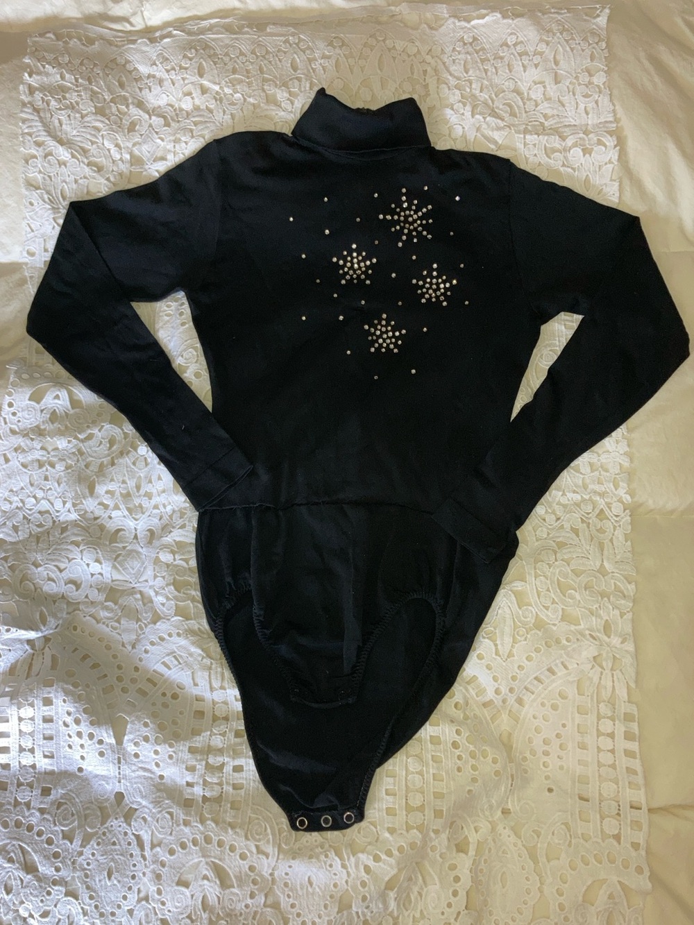Long Sleeved, Black, Rhinestone Bodysuit Turtle Neck Size M Measurements in pics